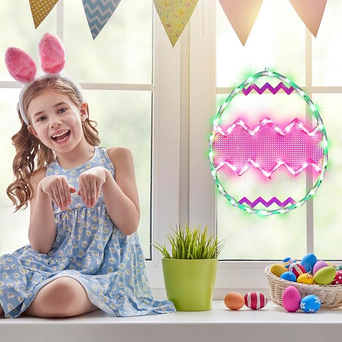 LAMPHOME 17" Lighted Green with Pink Chevron Stripe Easter Egg Window Silhouette