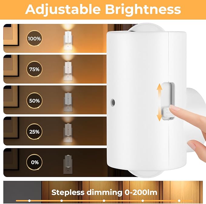 LED Night Lights Plug into Wall, Dimmable 4-Pack with Dusk to Dawn Sensor, 2700K Warm White, 0-200LM Adjustable & Rotatable Night Light for Bedroom, Hallway, Kitchen, Bathroom