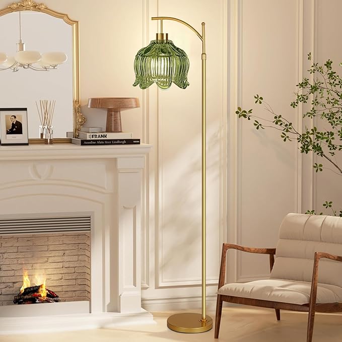 Glass Floor Lamp for Living Room,Bedroom,Gold Mid Century Modern Standing Lamp with Remote,Dimmable Brass Tall Lamp Vintage Tulip Green Arc Flower Floor Light Boho Bohemian