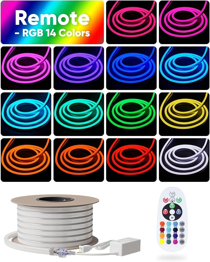 Shine Decor LED RGB Neon Rope Lights AC 120V, Expandable & Cuttable Bright Strip Lighting with Remote, Dimmable Color Changing, ETL Cold-Resistant & IP65 Waterproof for in&Outdoor, 10x20mm, 82FT