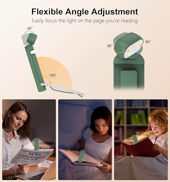 Gritin Reading Light,Book Light for Reading in Bed-Eye Caring 3 Colors, 5-Level Dimmable Brightness,Long Lasting, Compact Size Rechargeable Clip on Book Reading Light for Book Lovers-Dark Green