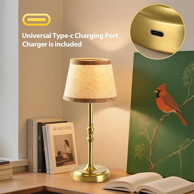 Small Gold Rechargeable Table Lamp,12-14 Inch Tall Vintage Style,Battery Powered Cordless Desk Lamp,Mini Touch Control Bedside Lamp,Warm Light 3000K for Nightstand Bedroom Counter Living Room-1 Pack