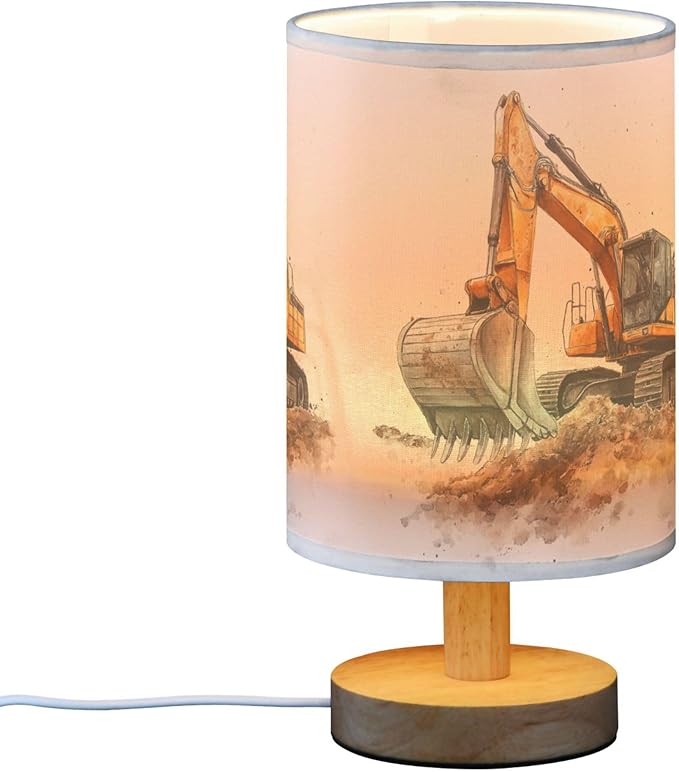 Construction Car Excavator Painting Table Lamp with Wood Base Fabric Lamp Shade Bedside Nightstand Desk Lamp for Living Room Bedroom Kids Room Office