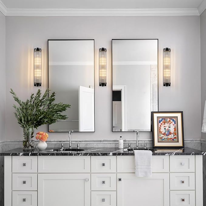 Black Wall Sconces with Crystal Glass Strip Bathroom Sconces 2 Light E12 Base Modern Wall Lights for Bedroom Living Room Hallway Wall Light Fixtures (1 Pack)