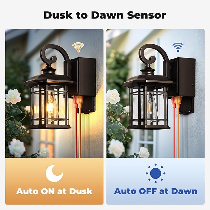 Dusk to Dawn Outdoor Wall Lights with GFCI Outlet, Oil-Rubbed Bronze Exterior Lights for House with Seeded Glass, Anti-Rust Outdoor Light Fixture, Waterproof Front Porch Light for Yard, Patio
