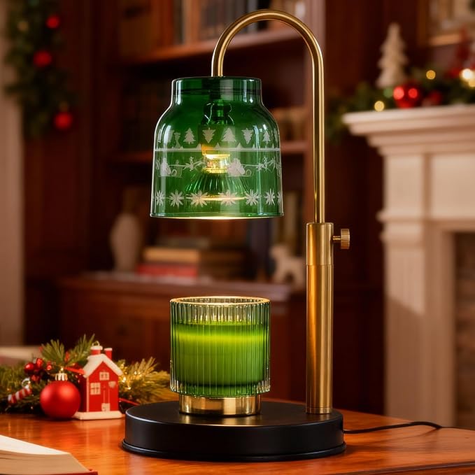 Christmas Candle Warmer Lamp, with 2 Bulbs,Timer & Dimmer,Compatible with Large Yankee Candle Jars,3 Wick Candles,Height Adjustable Electric Top Candle Melter,Green,110-120v,Mother's Day Gifts