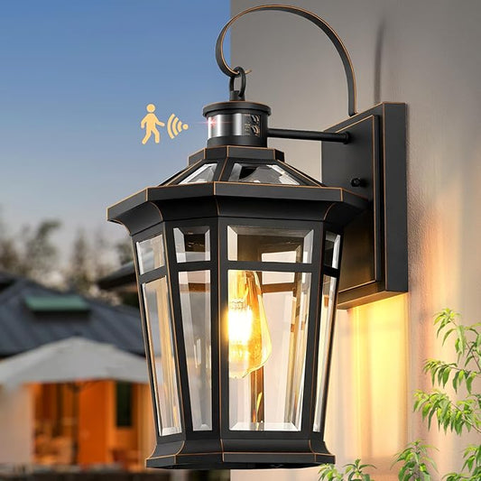 VIANIS Large Outdoor Porch Lights Wall Mount, Aluminum Motion Sensor Porch Lights Outdoor Lantern, Black with Gold Trim Exterior Lighting Fixtures, Waterproof Exterior Lighting Fixtures Dusk to Dawn