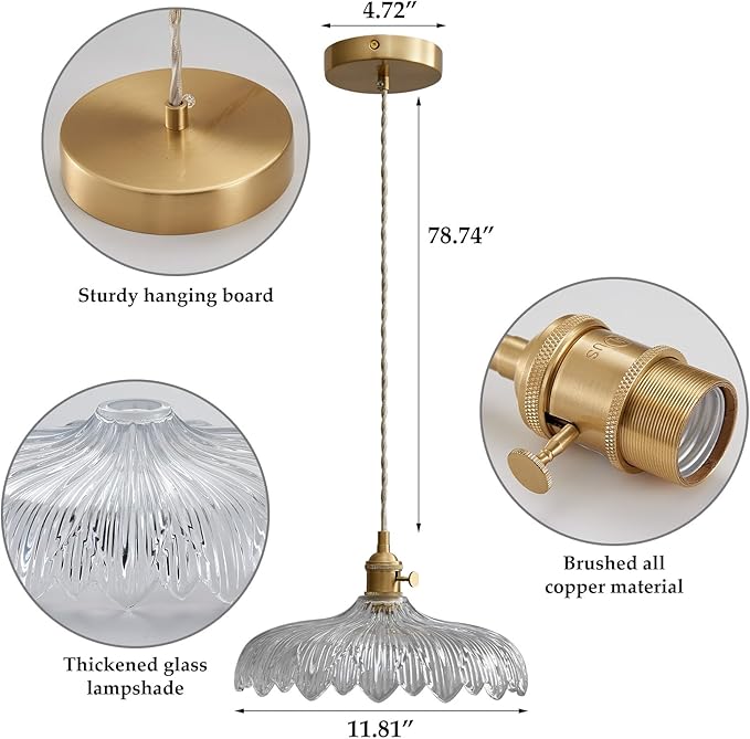 Pendant Lights, 11.8 Inch Hanging Lamp Adjustable 6.5Ft Cord Hanging Lamp Clear Flower Glass Shade Pendant Light Fixture Hanging Pendant Lights for Bedroom