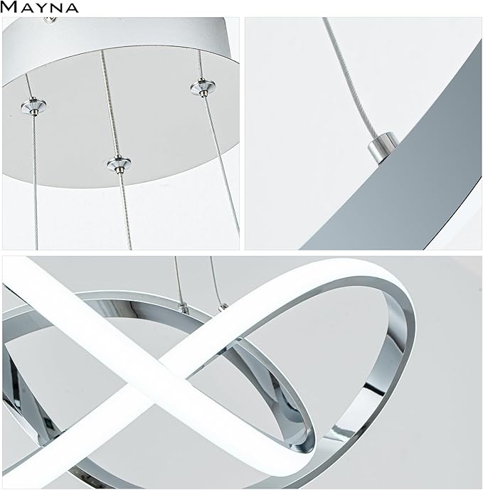 MAYNA Modern LED Chandelier for Dining Room, Dimmable LED Pendant Light with Remote, Irregular Infinity Light Fixture for Kitchen Island, 3 Color Changeable Chandelier, Chrome 19.7 inch
