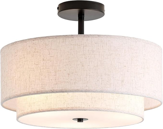 16" Double Drum 3-Light Semi Flush Mount Ceiling Light, Classic Fabric Linen Shade Design for Living Room, Bedroom, Kitchen, Dining Room, Hallway and Entryway