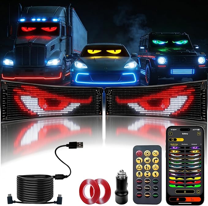LED Devil Eye Lights for Windshield 23"x5"[2PCs], Dual Screen Sync with APP & Remote Control, Windshield Eyes Animated, 5V-USB Powered, Programmable Evil Eyes for Car Truck RV Front Window