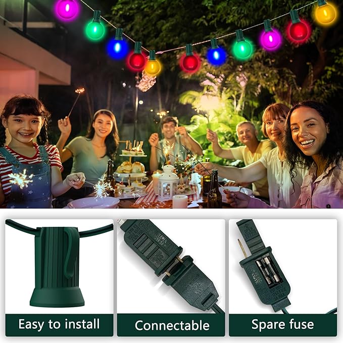 50Ft Outdoor Frosted Multicolor Lights, LED G40 Globe Patio String Lights with 25 0.6W Ceramic Colorful Bulbs(2 Spare), Outside Christmas Lights for Holiday Party Backyard Christmas