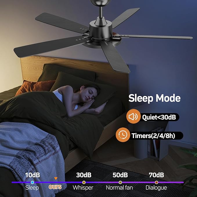 TALOYA 52 Inch Black Smart Ceiling Fans with Lights Led Remote Control Flush Mount Low Profile for Bedroom Living Dining Room Outdoor Farmhouse Patio,Reversible,DC Motor,3 Color Temperatures,5 Blades