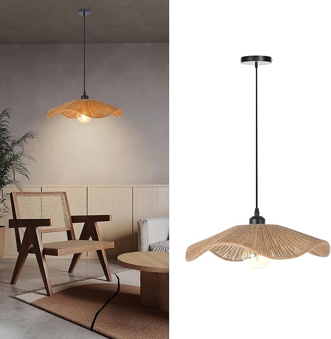 Arturesthome Small Boho Woven Twine Pendant Light Modern Ceiling Hanging Light Handwoven Chandelier for Dining Room Restaurant Bedroom 15.7"