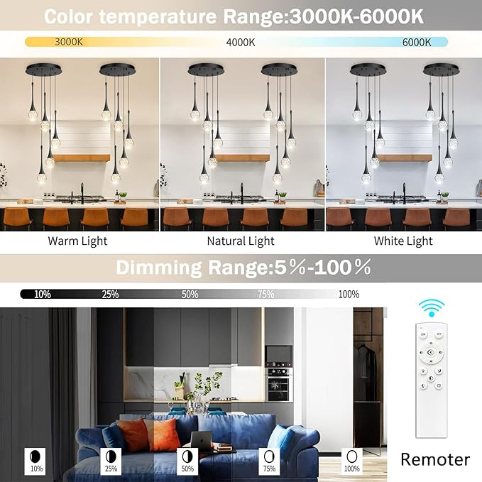 cenzoz 5-Lights Modern Pendant Lights for Kitchen Island LED Dimmable Chandelier Crystal Glam Ceiling Pendant Lighting for Dining Room Hallway Bedroom Lamp Black