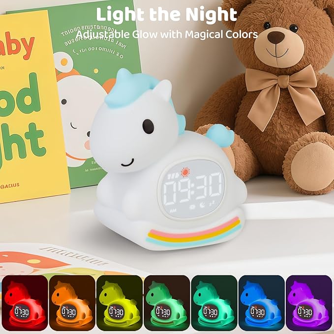 Alarm Clock with Night Light for Kids with Sleep Training and Sound Machine, Rechargeable Silicone Lamp OK to Wake Clock，Cute Animal Tabletop Lamp, Perfect Sleep Companion for Boys Girls，Blue Pony