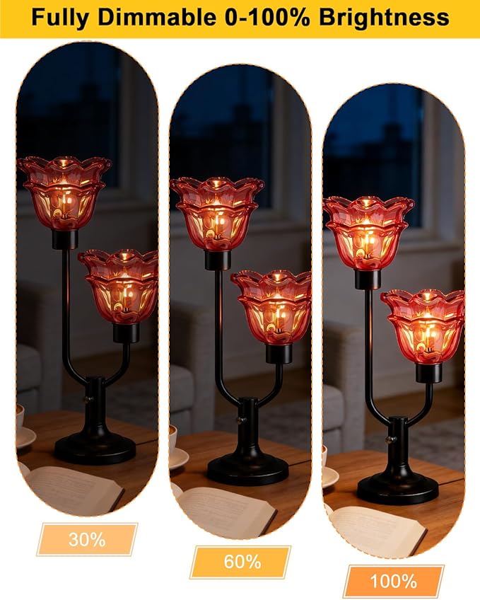 Lightdot Mid Century Modern Flower Table Lamp Black Dimmable U-Shaped Deep Red Glass Desk Lamps with 2Pcs 3000K Warmwhite Bulbs Included Bedside Nightstand Lamp for Living Room Bedroom