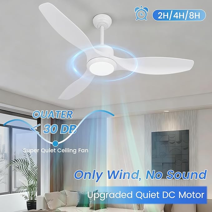 White Ceiling Fan with Light, 52" Outdoor Ceiling Fans with Lights and Remote, 3 Color Light, 6 Speed, DC Motor, for Bedroom/Outdoor/Patios, White