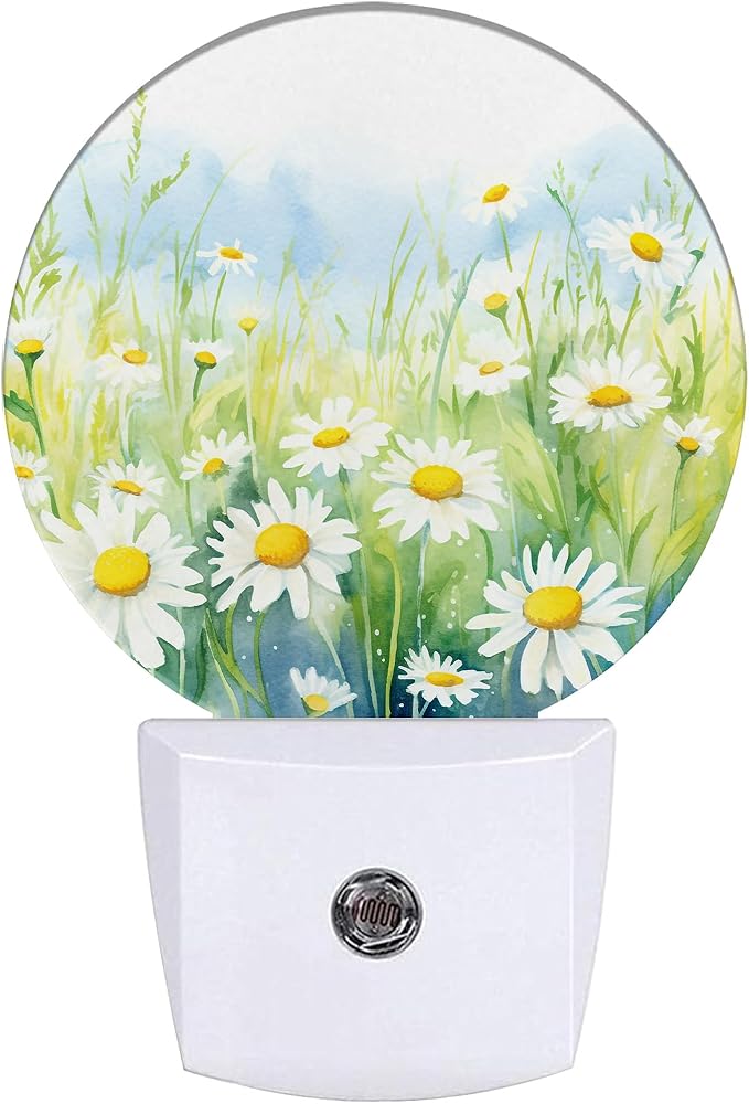 White Daisies Watercolor Night Light,Abstract Floral Plug-in Night Lights with Dusk-to-Dawn Sensor for Bedroom Bathroom and Living Room Sleep Friendly lamp
