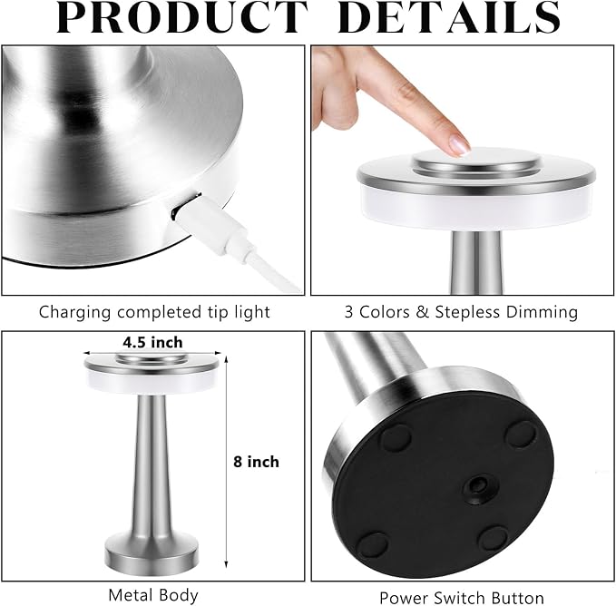 Riakrum 4 Pcs LED Portable Cordless Table Lamp with Touch Sensor 3 Color Stepless Dimming Rechargeable Battery up to 15 Hours Cordless Table Light Wireless Lamp for Nursery (Silver)