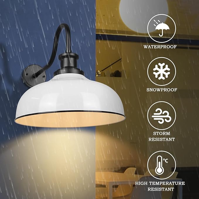 Outdoor Gooseneck Barn Lights, 16 Inch Dome Outdoor Wall Sconce Farmhouse Exterior Wall Mount Light Vintage Wall Lighting Fixture Industrial Lantern for Porch, Entryway, Garage, RZ007L-2 WH