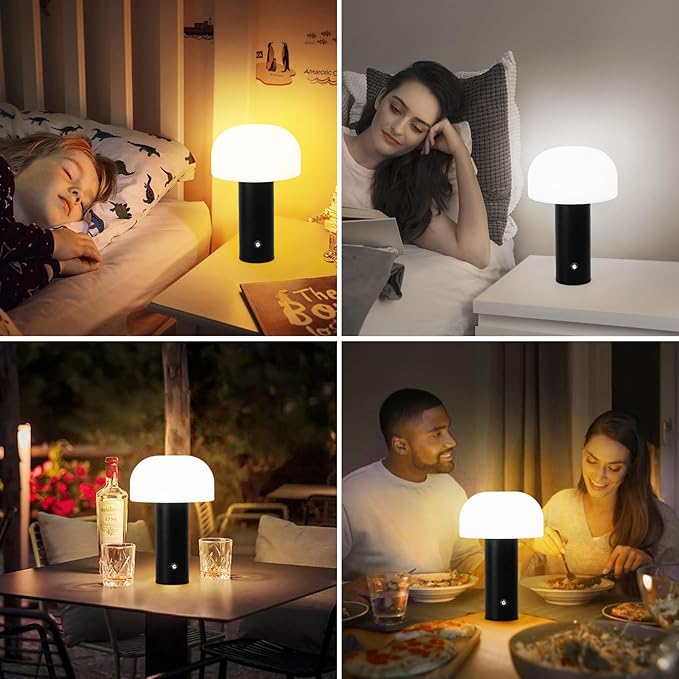 Cordless Mushroom Table Lamp Rechargeable,4000mAH Portable Battery Operated Lamp,3 Color Stepless Dimming Modern Lamps for Bedside Lamps,Touch Dimming Night Light for Home/Restaurant Black