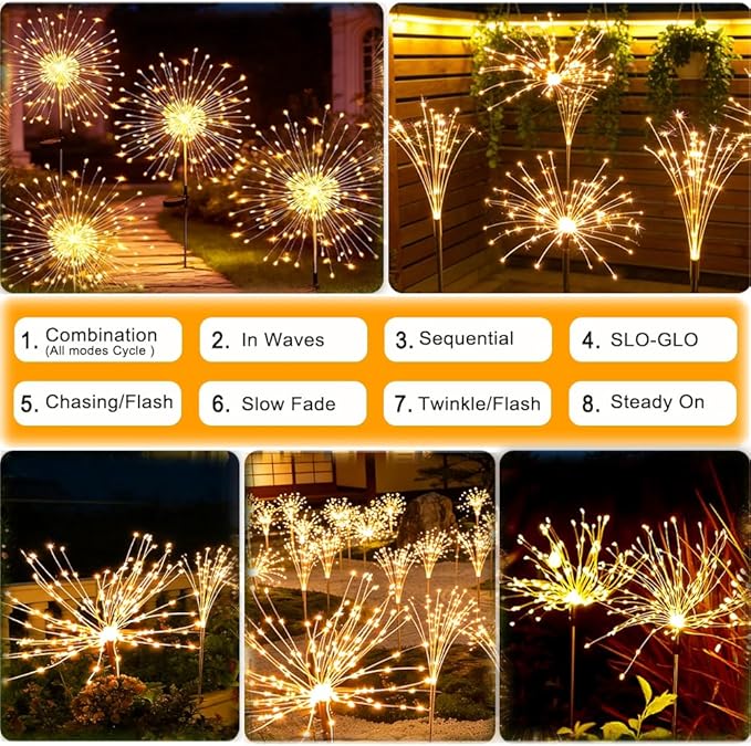 Solar Firework Lights for Outside, 150 LED 8 Modes Fireworks Solar Fairy Lights Outdoor Flowers for Garden Yard Patio Pathway Wedding Christmas Diwali Easter Party Decor Warm White(4 Pack)