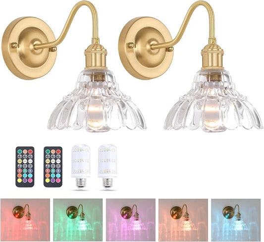 Battery Operated Wall Sconce Set of 2, Vintage Rechargeable Wall Lights with Clear Lily Glass Shade, Wireless Indoor Wall Lamp with Remote for Bedroom Living Room Bathroom