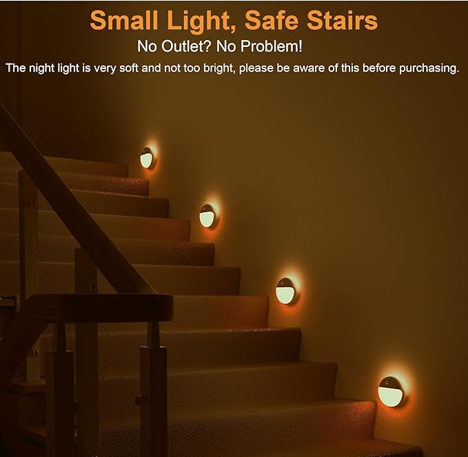 2 Pack Amber Night Light, Battery Operated Night Light, 2.6" Small Sticky Lights, Dimming, 3 Light Modes, Motion Sensor Lights for Kids, Baby, Sleep, Bedroom, Bathroom, Toilet, Travel, Stairs