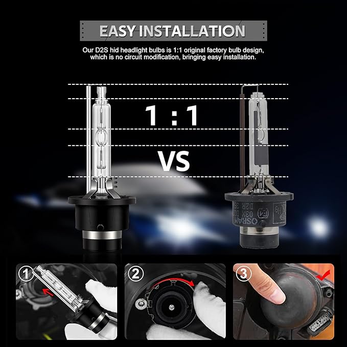 D2S Headlight Bulbs, 35W 6000K Cool White Xenon Headlight Bulbs 85122 66240 66040 66240CBI Replacement,D2S/ D2R High Low Beam IP67 Design with Metal Stents Base