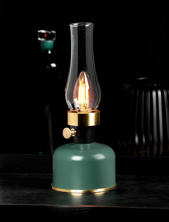 Abbott Collection Lantern LED Lamp with Chimney, Portable Table Light - Metal/Glass, Green (10.5" H)