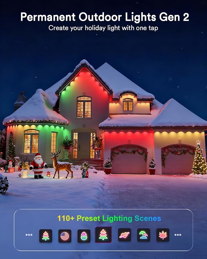 Lumary Smart Permanent Outdoor Lights 2 with Remote & Slide-Base, 100ft with 60 RGBAICW LEDs 3600lm for Daily & Accent Lighting, 110+ Modes for Halloween Christmas Decor, Work with Alexa Google, Black