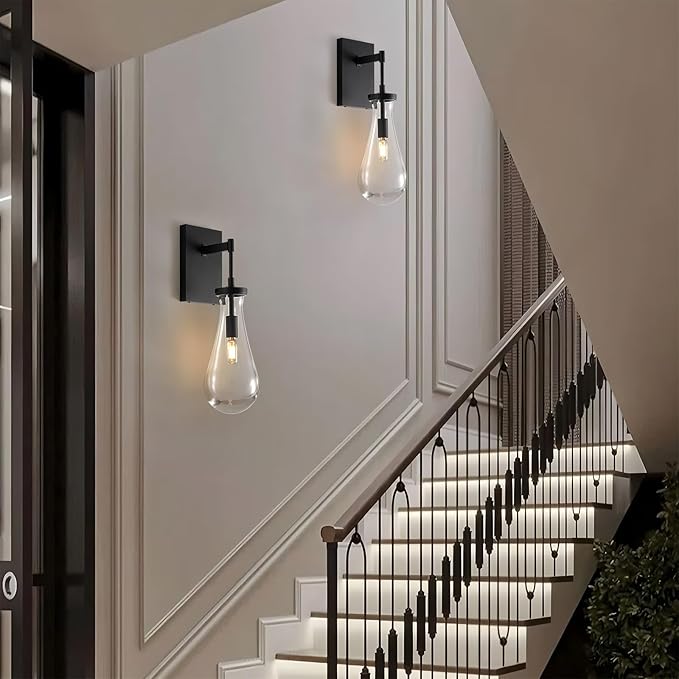 17" L Wall Sconces Set of 2, Black Wall Lights Fixtures Bathroom Vanity Light Modern Raindrop Wall Lamps for Living Room,Bedroom,Hallway,Stairs,Indoor