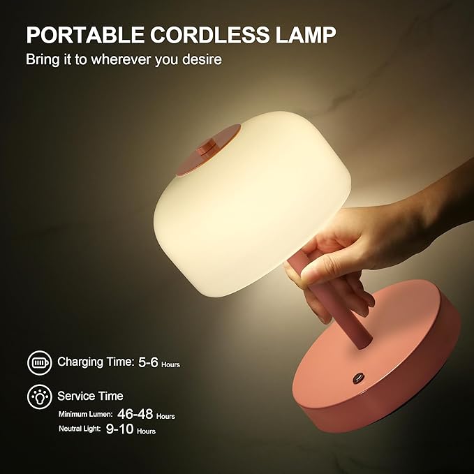 Oneach Portable Cordless Table Lamp, Rechargeable Battery Powered Lamp with Opal Glass Shade, 3-Way Dimmable LED Touch Mushroom Table Lamp for Bedroom, Bedside, Living Room, Dining Room, Patio, Pink