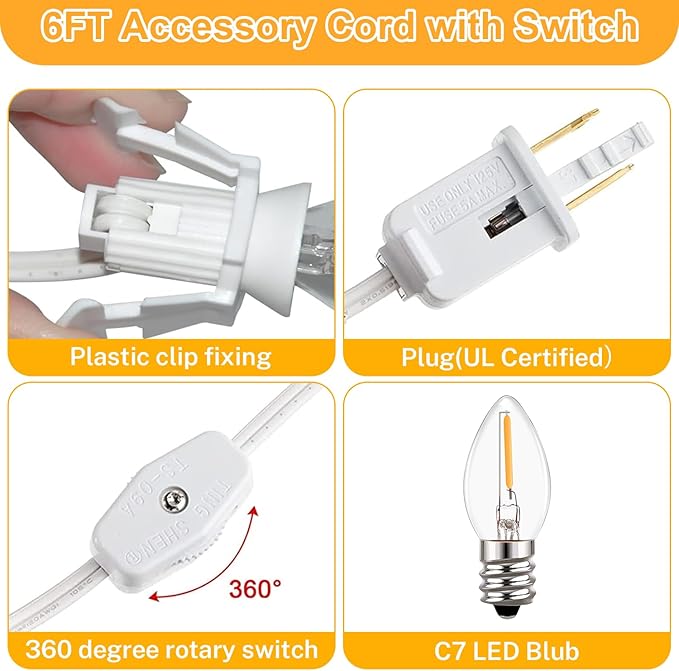 4 Sets 6FT White Accessory Cord with 8pcs LED Night Light Bulbs (4 Spare), E12 Socket C7 Bulbs Clip Lights with 360 Degrees On/Off Switch Plugs for Craft Lighting Halloween Christmas House Decorations
