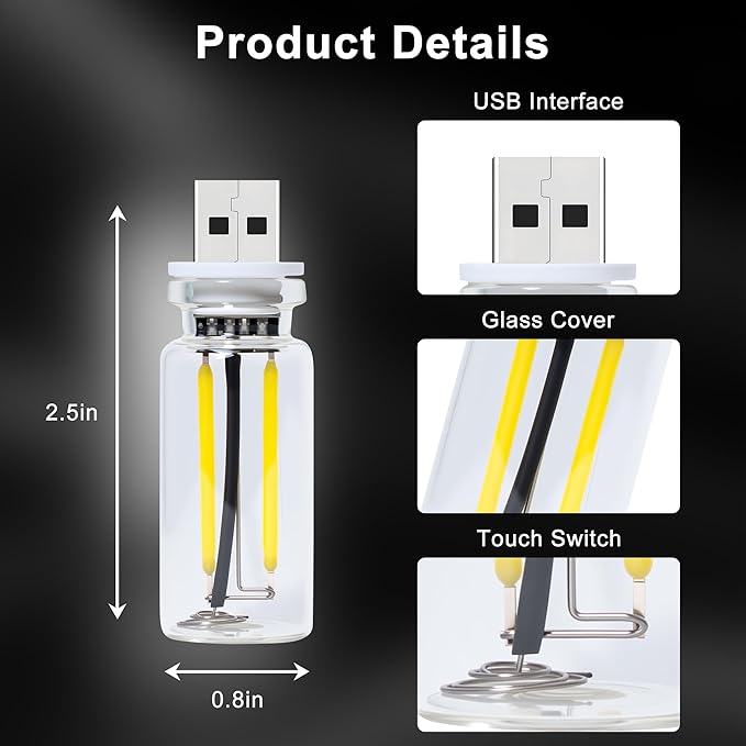 Car USB Night Light Touch Dimmable - 1-Pack Retro LED Filament Lamp for Truck Interior, Bedroom & Camping | Glass Bottle Ambiance Lighting (White)