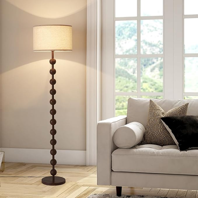 Modern Dimmable Floor Lamp with Remote Control for Living Room Bedroom, Red Wood Pattern Tall Standing Lamp Light for Home Office Dining Room with Fabric Shade