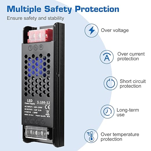 LED Driver 12V 100W 8.3A Slim Power Supply, AC 100-250V to DC 12V Adapter, Constant Voltage Transformer for Strip Lights, Bulbs, Garden and Cabinet Lighting