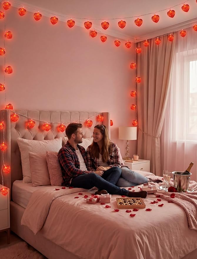 8.5Ft Valentine Red Heart Lights with 10 Shiny Glitter Heart Shaped Lights, Valentine Day Decorations Red Heart Lights for Valentine's Day,Windows, Bedroom,Home,Room Party Decor
