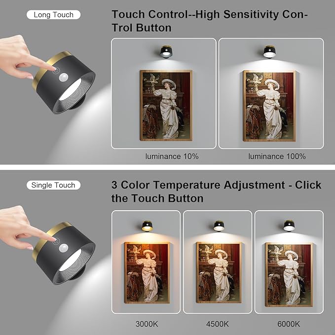 Moobibear Motion Sensor Wall Light Indoor 2Pcs, 3500mAh Rechargeable Battery Operated LED Wall Light, Wall Lamp Wireless with 360 ° Rotation, 3 Color Temperatures for Bedroom, Study, Corridor, Picture