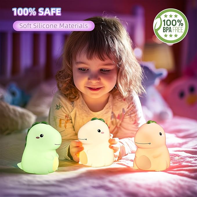 Dinosaur Kids Night Light, 16 Colors Silicone Nursery Touch Lamp, 3 Level Dimmable Squishy Nightlight, Cute Touch Bedside Lamp, Rechargeable Dino Room Decor Gifts for Baby Toddler Boys Girls