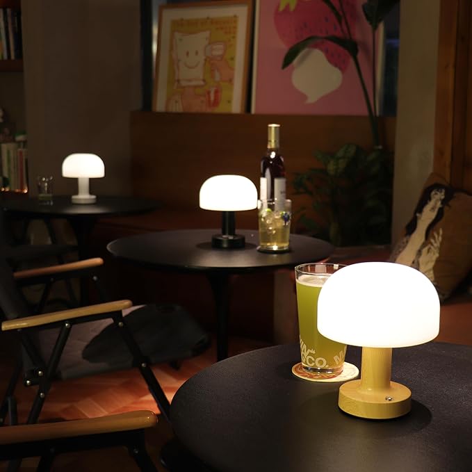 Small Mushroom Table Lamp, Cordless Night Light with 2600mAh Rechargeable Battery, Stepless Dimming Desk Lamp with 3 Colors for Bedroom/Patio/Living Room (Black-1)