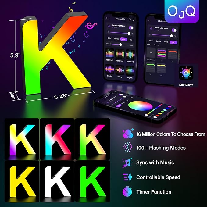 OJQ Light Up Letters LED Letter - Marquee Letters Room Decor Alphabet Letter Music Sync Color Change Colorful - Wall Decor for Bedroom Happy Birthday Decorations for Teen Girls Aesthetic