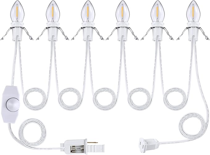 Accessory Cord with LED Bulbs, 14.8 ft White Cord with C7 Lamp, On/Off Switch Plug, Spare Fuses, Female/Male Plugs, Village Light for Halloween Christmas Indoor Decor Craft Project (6 Light)