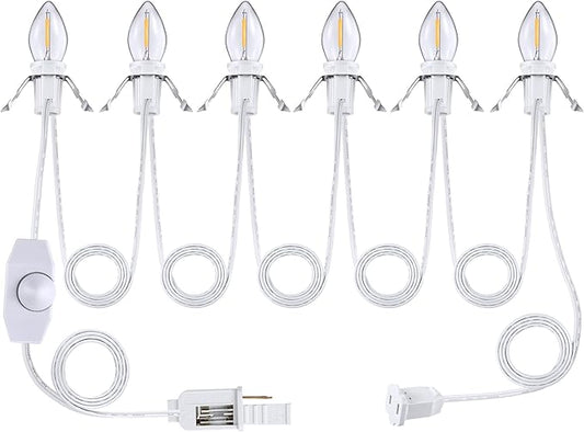 Accessory Cord with LED Bulbs, 14.8 ft White Cord with C7 Lamp, On/Off Switch Plug, Spare Fuses, Female/Male Plugs, Village Light for Halloween Christmas Indoor Decor Craft Project (6 Light)