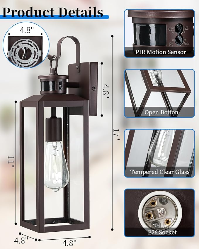 17'' Motion Sensor Outdoor Lights Wall Mount, Dusk to Dawn Exterior Light Fixture, Waterproof Anti-Rust Porch Light Outside Wall Lights for House, Brown Wall Sconce Lanterns with Clear Glass, 2 Pack