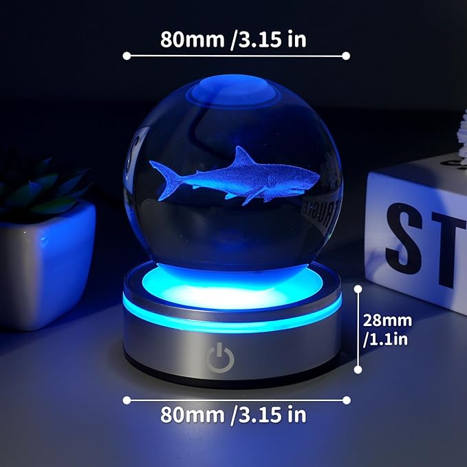 3D Shark Crystal Ball Night Light With LED Colorful Lighting Touch Base 3.15 In Glass Sphere Lamp for Birthday Christmas, Cool Toy Gift for Boys Girls Kids Figurine Home Decor