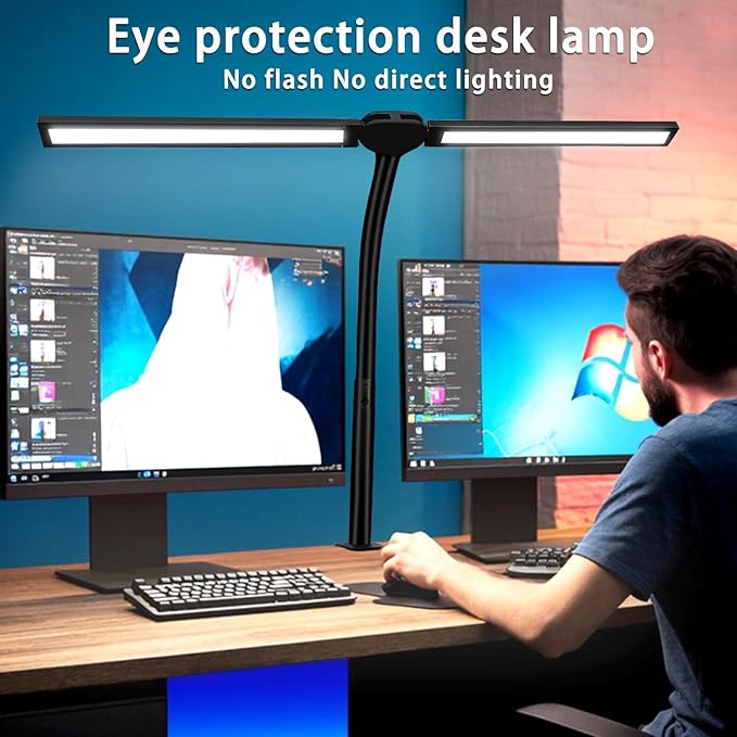 Double Head LED Desk Lamp for Office - Eye Caring Lamp with Clamp, Flexible Adjustable Lighting Gooseneck Desk Light, 4 Color Modes & 5 Brightness Levels for Monitor Workbench Study Reading