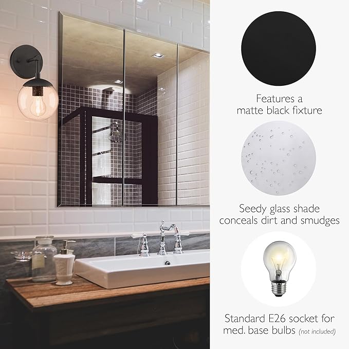 Design House Gracelyn 1-Light Dimmable Wall Sconce, Seeded Glass, Matte Black, 11.65 in H x 6.11 in W x 8 in D, 588871-BLK