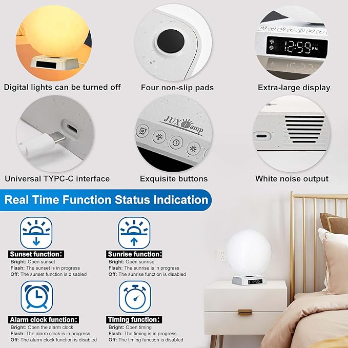 Sunrise Alarm Clock Wake up Light Alarm Clock lamp Clock 3 Color Adjustable Mood Light Built-in White Noise nightstand Lamp for Livingroom Bedroom Office Reading Working Moon Lamp Not support APP